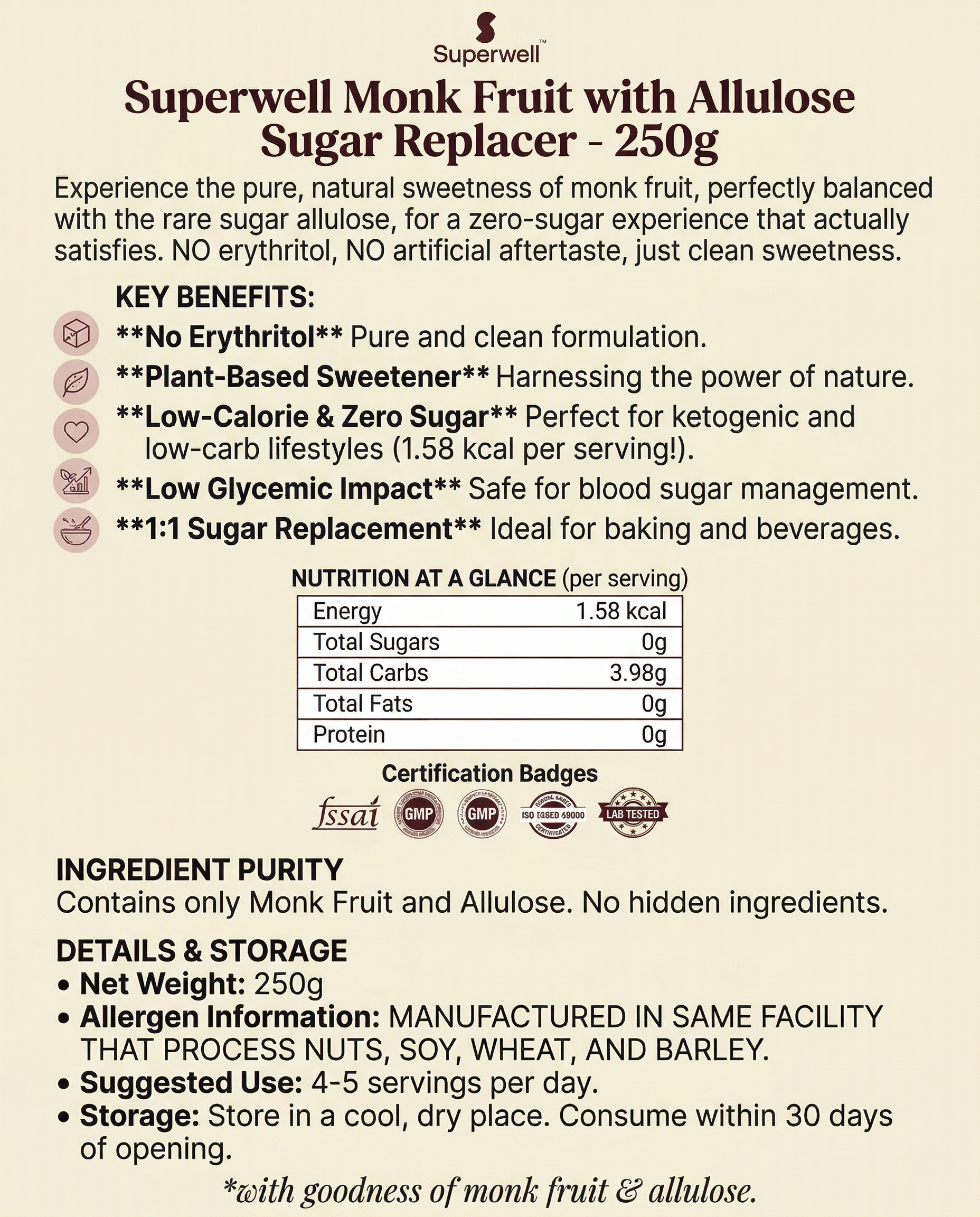 The Superwell - Sugar Replacer with Monk Fruit & Allulose - 250g (Zero Sugar, No Erythritol)