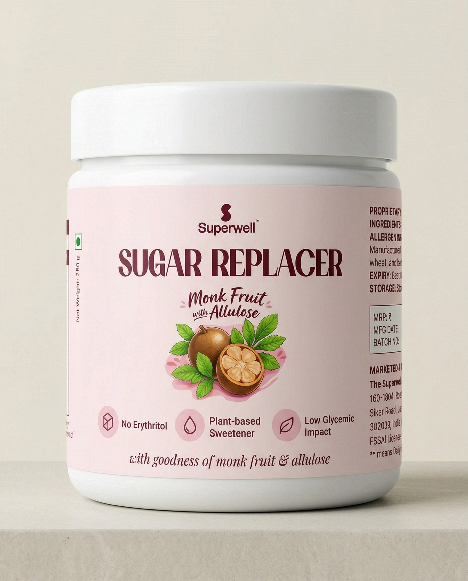 The Superwell - Sugar Replacer with Monk Fruit & Allulose - 250g (Zero Sugar, No Erythritol)